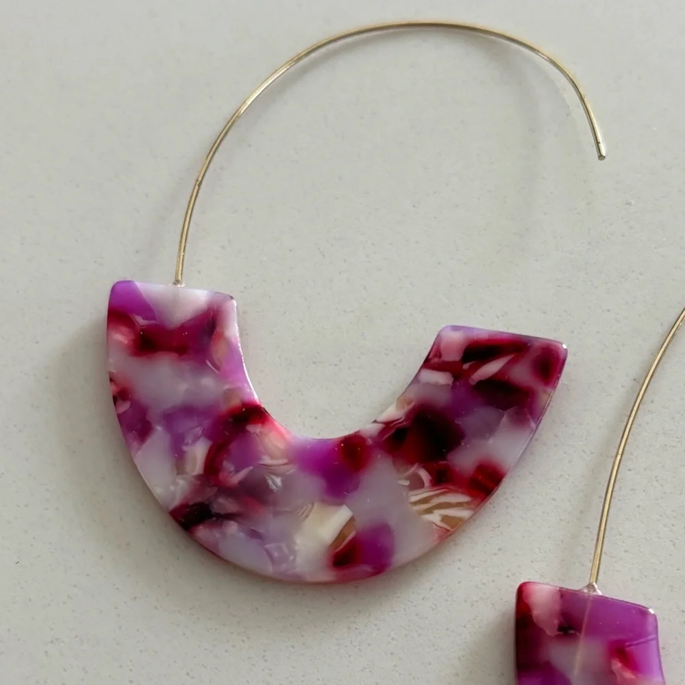 Pink Tortoise Acrylic Earrings Oval Drop for Pierced Ears Fuchsia Multi
